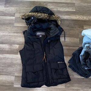 Eddie Bauer Black Vest with Faux Fur Hood